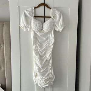 White ruffle puff sleeve scrunch mini dress